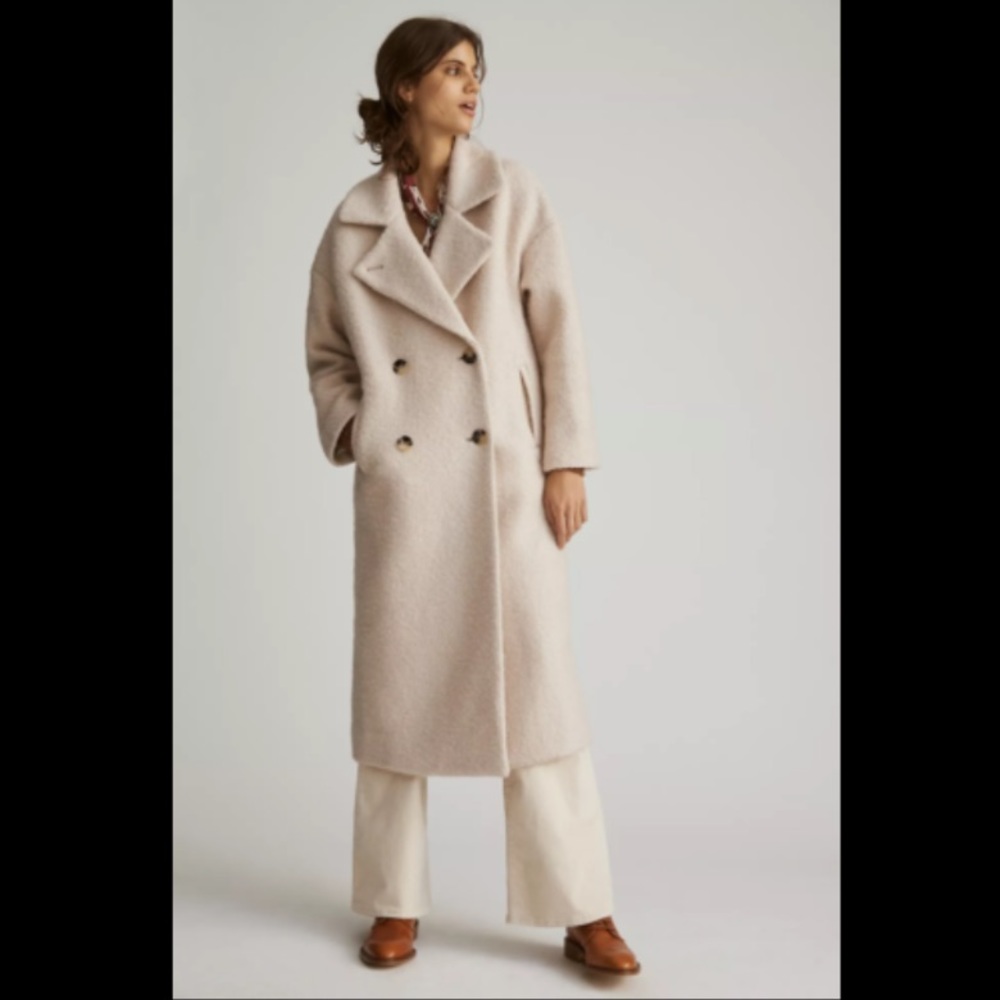 Anthropologie Double-Breasted Cream Wool Long Coat
